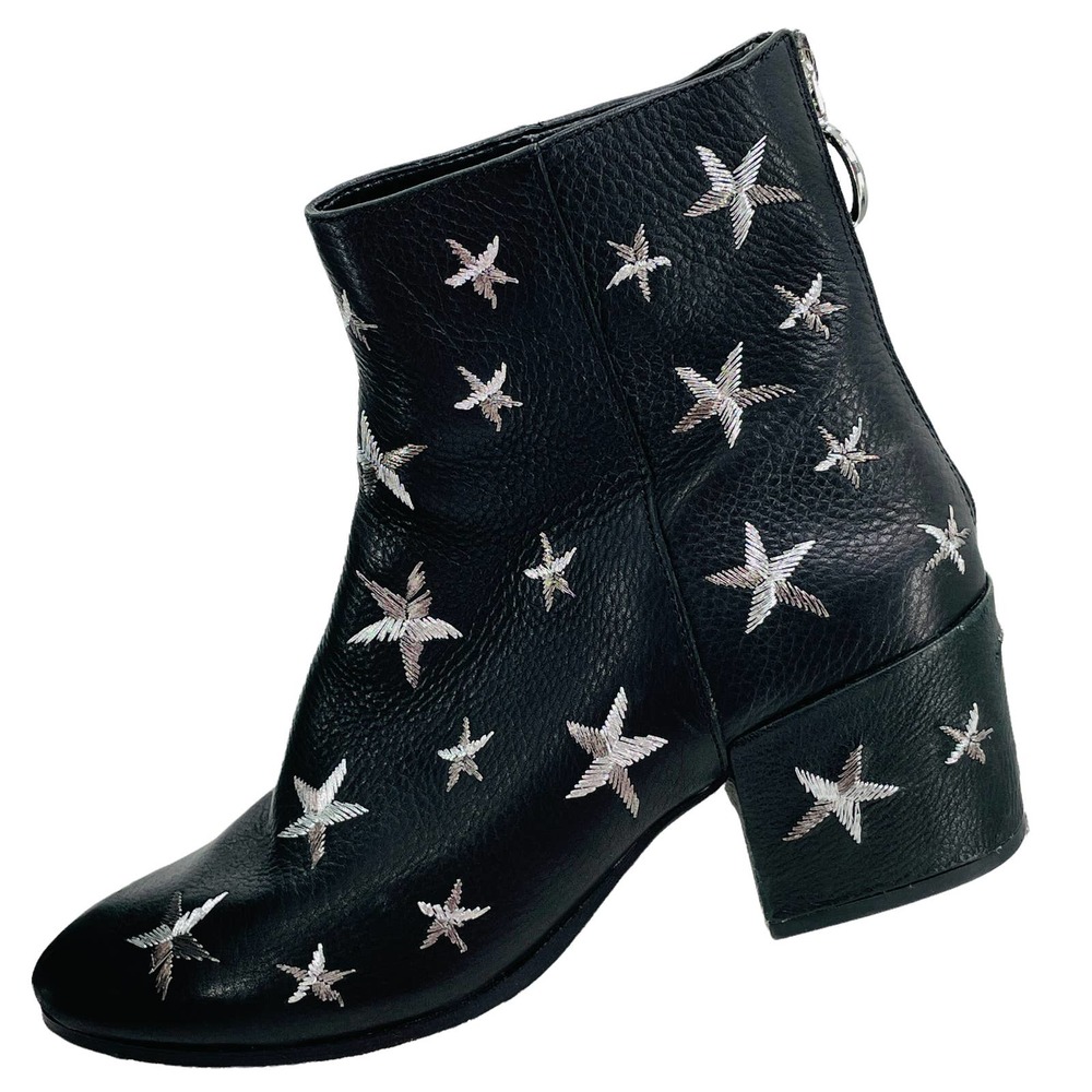 DOLCE VITA Matteo Star Embroidered Black Leather Ankle Boots Zip Pull Ring 7.5